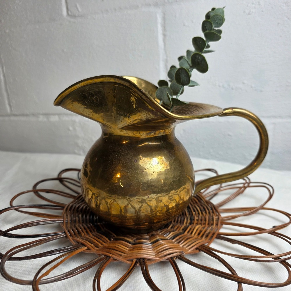 Vintage Hammered Brass Pitcher Decorative Gold Vase Flared Spout Rustic Decor